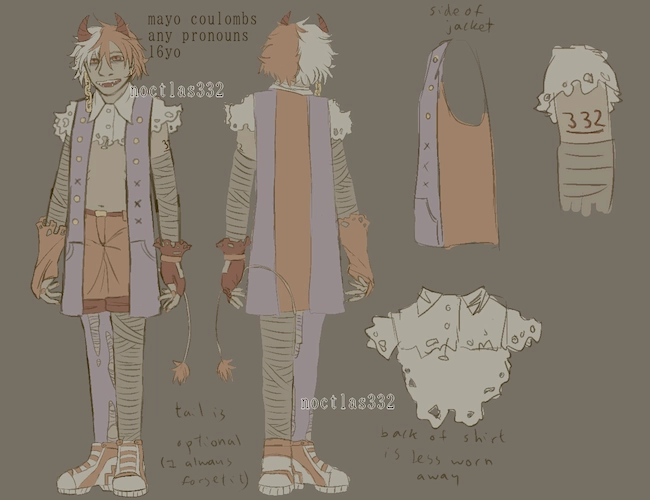 character reference sheet for mayo. the differences from their key art are that, what was purple on their gloves and shoes, is now orange. her tail is also now visible. it resembles the tail of a cow except longer and the hair at the end is orange. there is text under it saying its optional to include. mayo can be seen simply standing from the front and the back. the back of mayos vest is orange. on the side are a few details of their design shown off in more detail. the sides of their vest are orange, they have 332 written above their bandages on one arm, and their shirt is a bit longer at back as it is less worn away